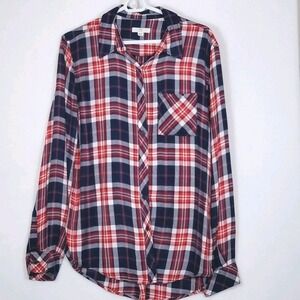 BLL New York Plaid Button Up Shirt Women's M Red Blue Rayon Relaxed Casual